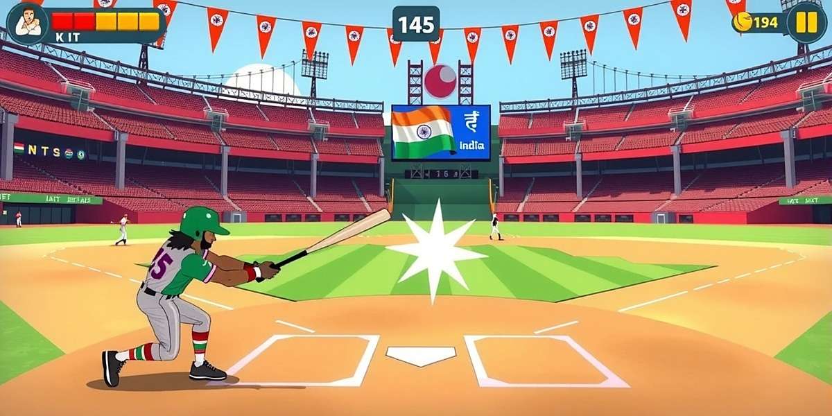 Baseball Battlers gameplay showing a batter hitting a home run in a stadium decorated with Indian flags